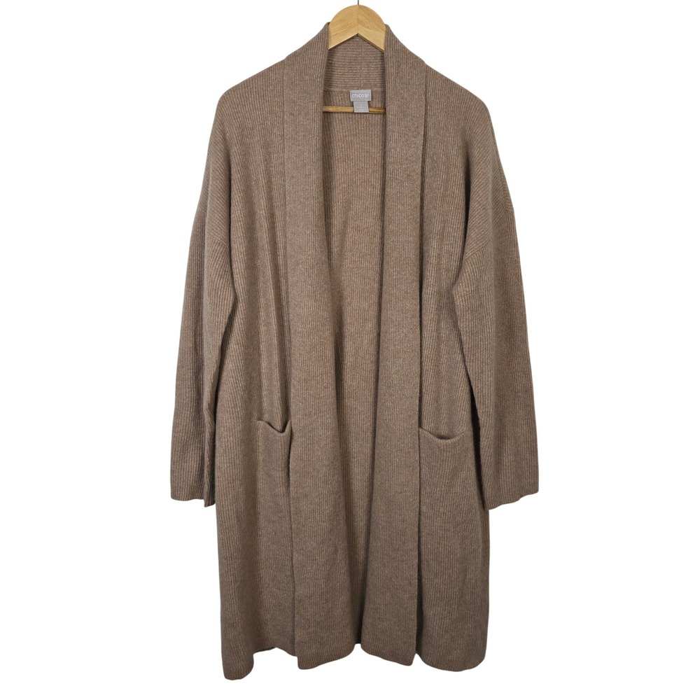 Chico's 100% Cashmere Ribbed Duster Cardigan Tan Shawl Collar Pockets Size 3 XL